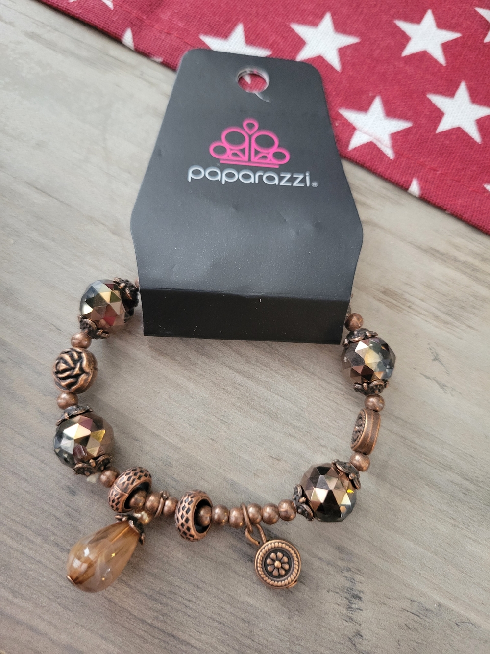Paparazzi Copper and Smoky Stretch Bead Charm Bracelet